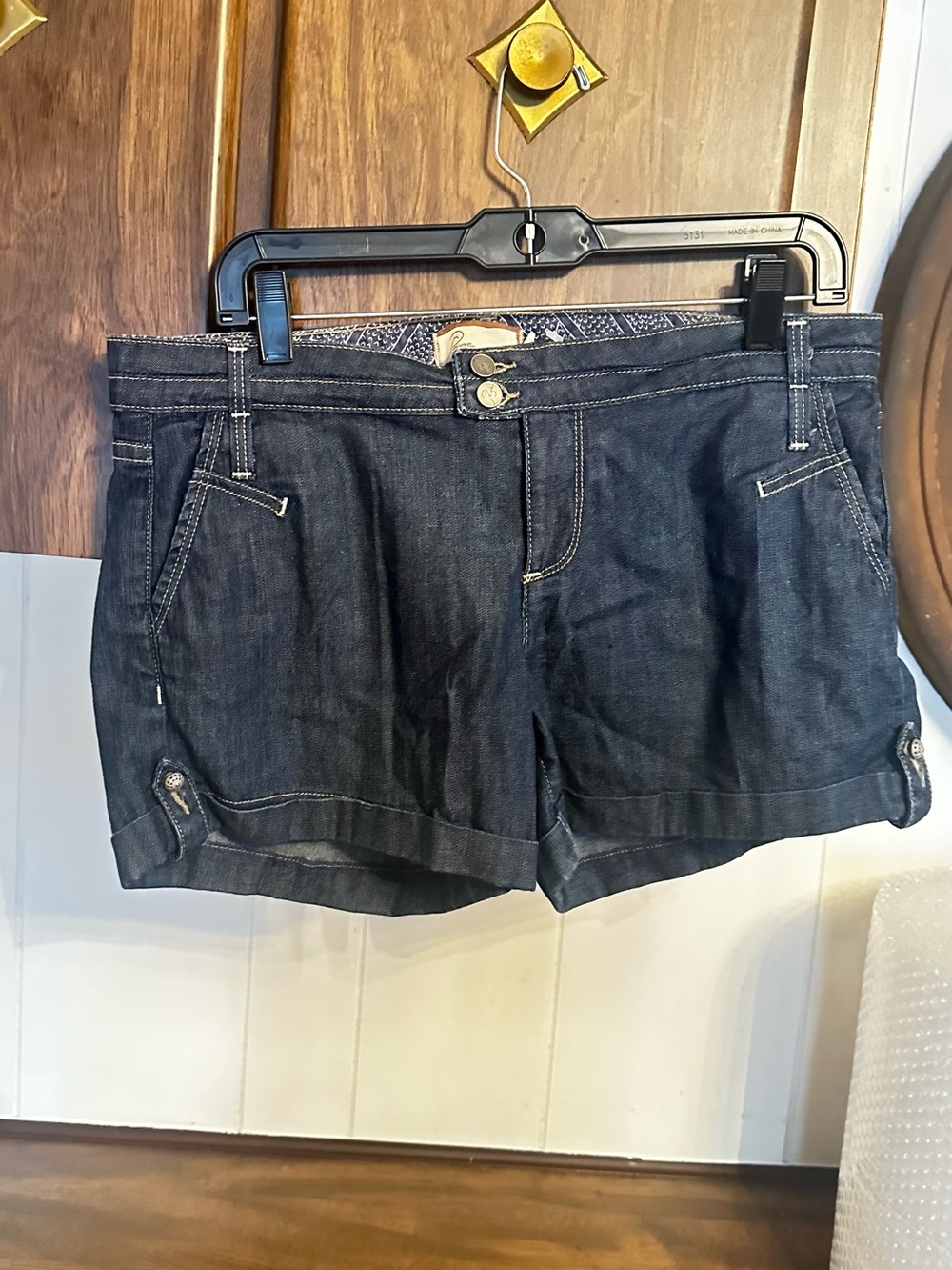 PAIGE Dark Indigo Denim Shorts with Folded Hem